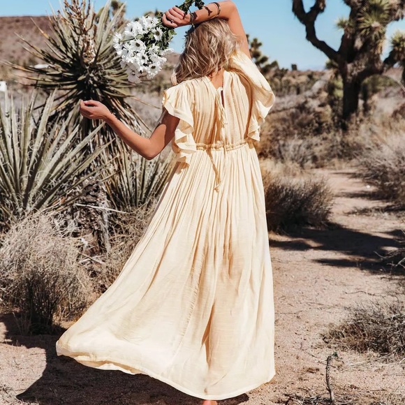 Cream Boho Gauze Boho Button Flutter Maxi Butterfly Arms Dress - Picture 6 of 11